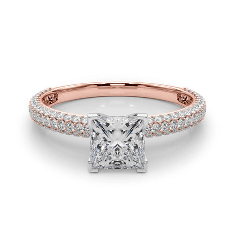 Rose gold Princess Solitaire with Pave Band and Four-Prong Setting