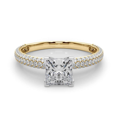 Yellow gold Princess Solitaire with Pave Band and Four-Prong Setting