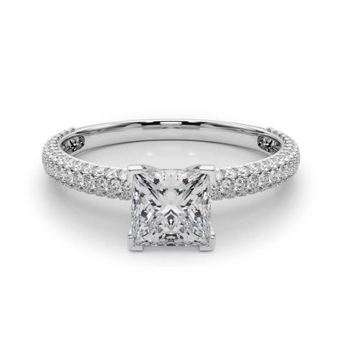 Platinum Princess Solitaire with Pave Band and Four-Prong Setting