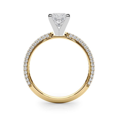 Yellow gold Princess Solitaire with Pave Band and Four-Prong Setting