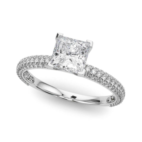 Platinum Princess Solitaire with Pave Band and Four-Prong Setting