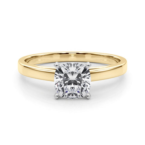 Yellow gold Cushion Solitaire Diamond Engagement Ring with Four-Prong Setting on a Classic Band