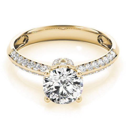 Yellow gold Round Solitaire Split Shank Pave Diamond Engagement Ring with Four-Prong Setting