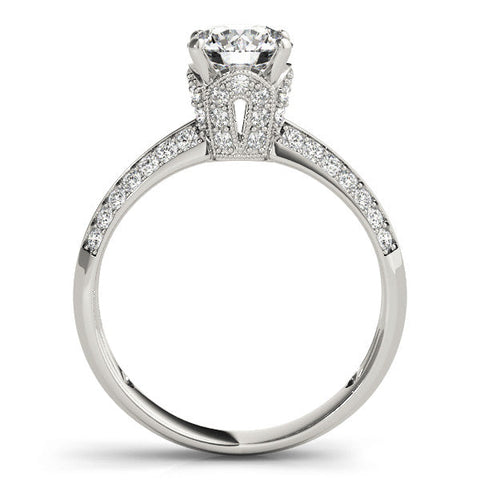 White gold Round Solitaire Split Shank Pave Diamond Engagement Ring with Four-Prong Setting