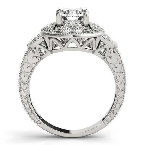 White gold Round Halo Milgrain Diamond Engagement Ring with Leaf Band and Four-Prong Setting