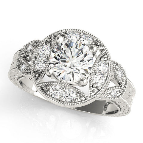 White gold Round Halo Milgrain Diamond Engagement Ring with Leaf Band and Four-Prong Setting