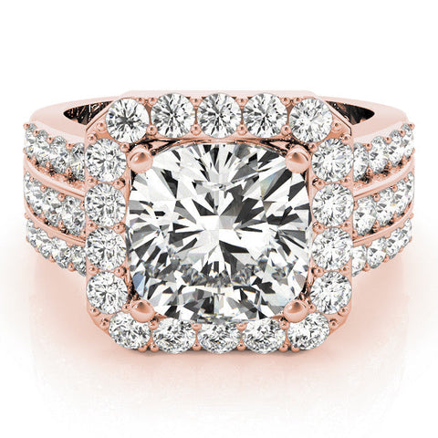 Rose gold Cushion-Cut Halo Diamond Ring with Split Shank and Four-Prong Setting