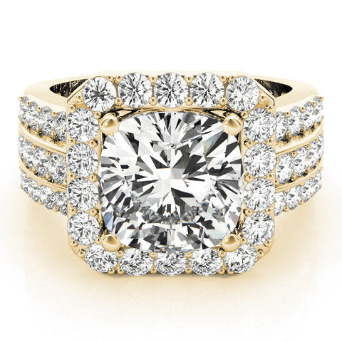 Yellow gold Cushion-Cut Halo Diamond Ring with Split Shank and Four-Prong Setting