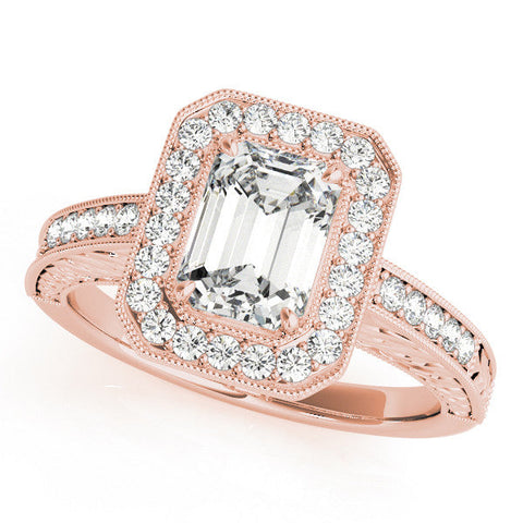 Rose gold Cushion Cut Halo Diamond Ring with Pavé Band and Four-Prong Setting