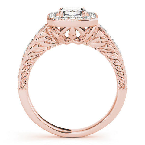 Rose gold Cushion Cut Halo Diamond Ring with Pavé Band and Four-Prong Setting