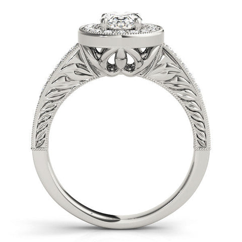 White gold Oval Halo Diamond Engagement Ring with Pave Band and Four-Prong Setting