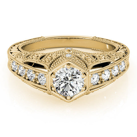 Yellow gold Hexagon Bezel Round Diamond Milgrain Split Shank Ring