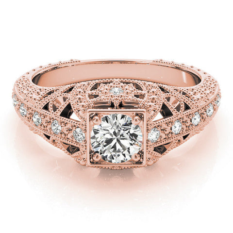 Rose gold Round Brilliant Milgrain Filigree Diamond Ring with Square Prong Setting