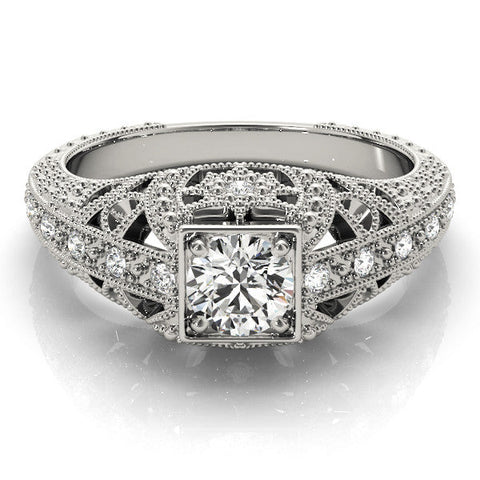 White gold Round Brilliant Milgrain Filigree Diamond Ring with Square Prong Setting