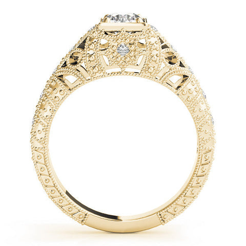 Yellow gold Round Brilliant Milgrain Filigree Diamond Ring with Square Prong Setting