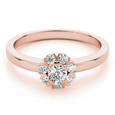 Rose gold Round Diamond Floral Halo Solitaire Ring with Channel-Set Band and Claw Prong Setting