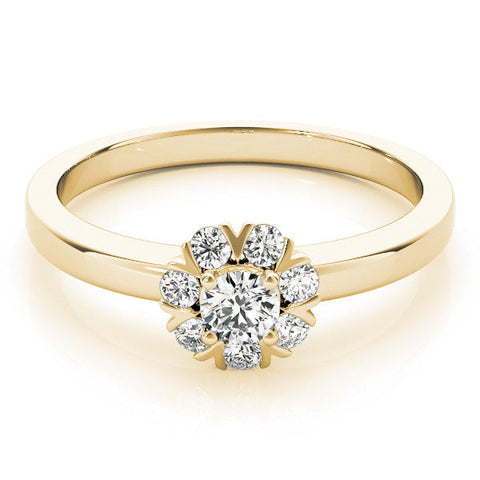 Yellow gold Round Diamond Floral Halo Solitaire Ring with Channel-Set Band and Claw Prong Setting