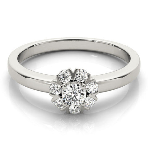 Platinum Round Diamond Floral Halo Solitaire Ring with Channel-Set Band and Claw Prong Setting