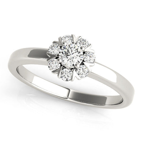 White gold Round Diamond Floral Halo Solitaire Ring with Channel-Set Band and Claw Prong Setting