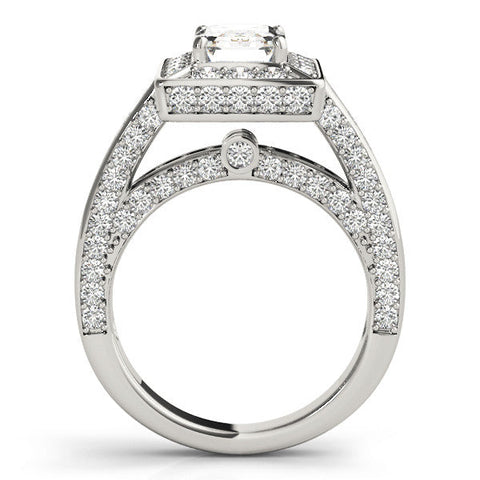 Platinum Emerald Cut Halo Pave Split Shank Prong Setting Ring