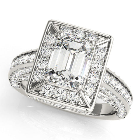 Platinum Emerald Cut Halo Pave Split Shank Prong Setting Ring