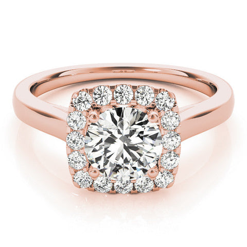 Rose gold Cushion Halo Round Diamond Solitaire Ring with Pavé Band and Four-Prong Setting