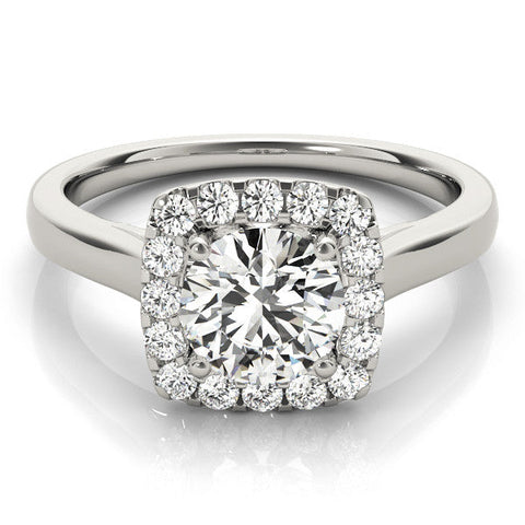 Platinum Cushion Halo Round Diamond Solitaire Ring with Pavé Band and Four-Prong Setting