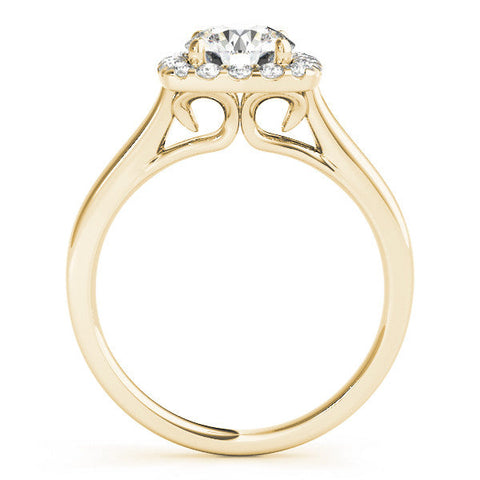 Yellow gold Cushion Halo Round Diamond Solitaire Ring with Pavé Band and Four-Prong Setting