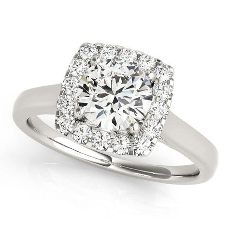 Platinum Cushion Halo Round Diamond Solitaire Ring with Pavé Band and Four-Prong Setting