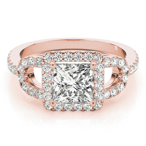 Rose gold Princess Cut Halo Split Shank Diamond Ring with Four-Prong Setting