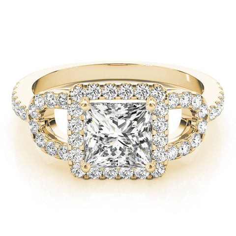 Yellow gold Princess Cut Halo Split Shank Diamond Ring with Four-Prong Setting