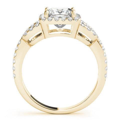 Yellow gold Princess Cut Halo Split Shank Diamond Ring with Four-Prong Setting