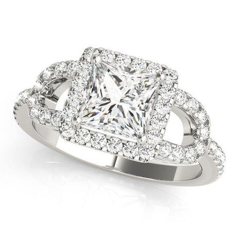 Platinum Princess Cut Halo Split Shank Diamond Ring with Four-Prong Setting