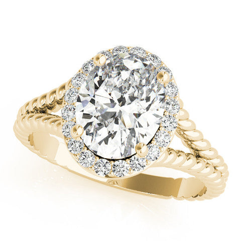 Yellow gold Oval Halo Split Shank Twisted Band Prong Set Ring