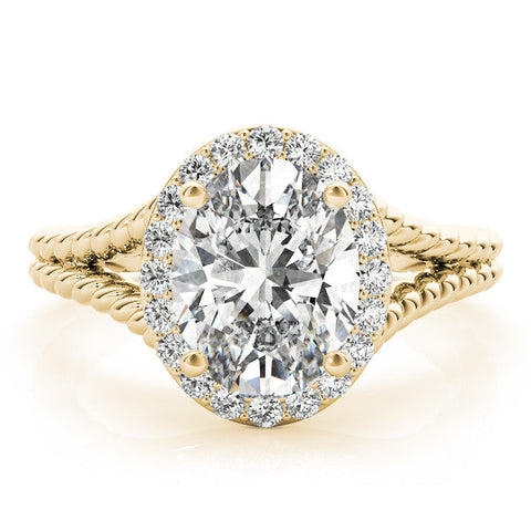 Yellow gold Oval Halo Split Shank Twisted Band Prong Set Ring