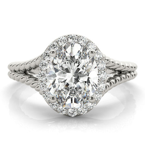 Platinum Oval Halo Split Shank Twisted Band Prong Set Ring