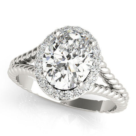 Platinum Oval Halo Split Shank Twisted Band Prong Set Ring