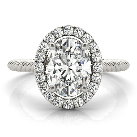 Platinum Oval Halo Diamond Ring with Twisted Band and Four-Prong Setting