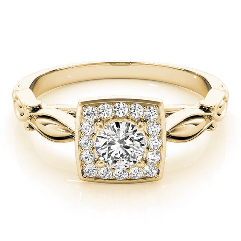 Yellow gold Round Halo Diamond Engagement Ring with Square Setting and Infinity Band