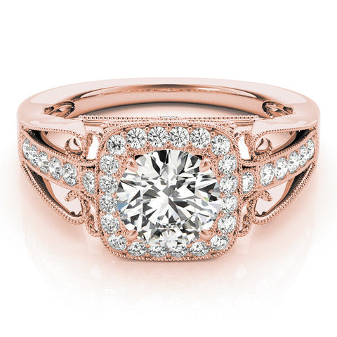 Rose gold Cushion Halo Round Diamond Split Shank Milgrain Ring