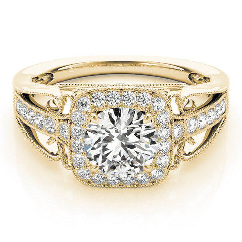 Yellow gold Cushion Halo Round Diamond Split Shank Milgrain Ring