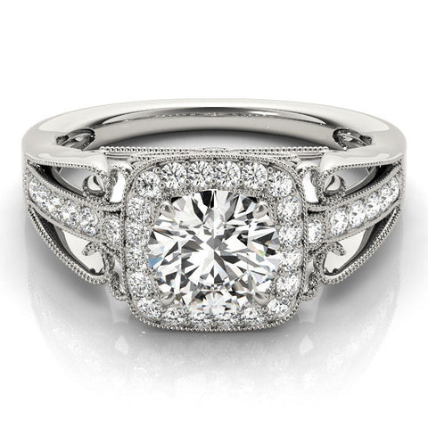 White gold Cushion Halo Round Diamond Split Shank Milgrain Ring