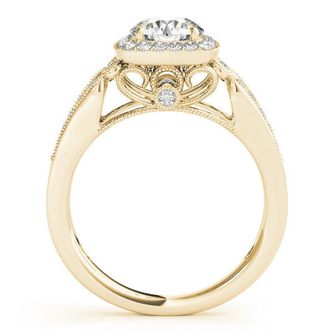 Yellow gold Cushion Halo Round Diamond Split Shank Milgrain Ring