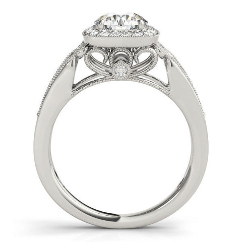 White gold Cushion Halo Round Diamond Split Shank Milgrain Ring