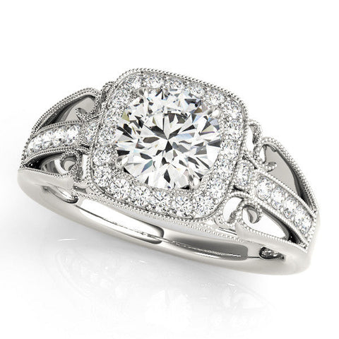 White gold Cushion Halo Round Diamond Split Shank Milgrain Ring