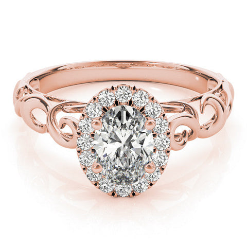Rose gold Oval Halo Diamond Ring with Scrollwork Band and Four-Prong Setting