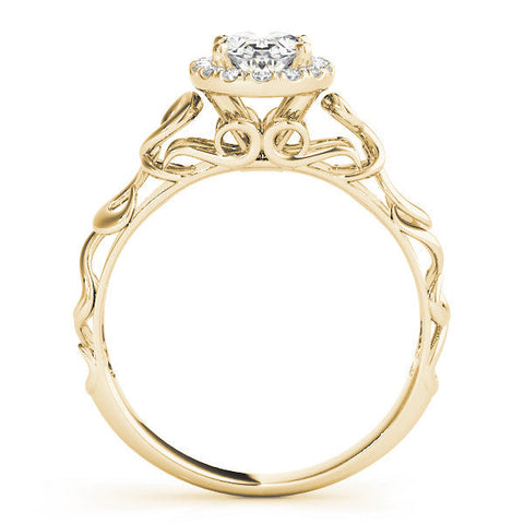 Yellow gold Oval Halo Diamond Ring with Scrollwork Band and Four-Prong Setting