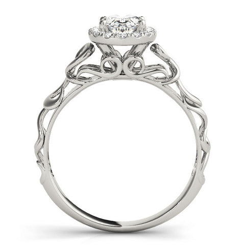 Silver Oval Halo Diamond Ring with Scrollwork Band and Four-Prong Setting