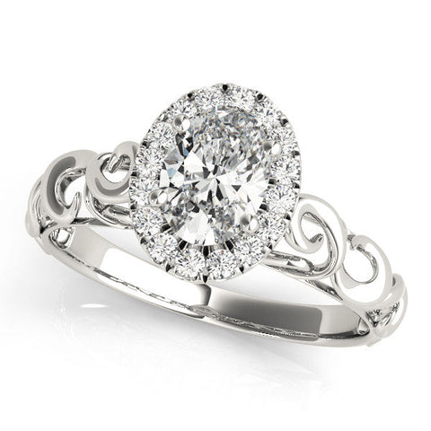 Silver Oval Halo Diamond Ring with Scrollwork Band and Four-Prong Setting