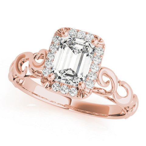 Rose gold Radiant Cut Halo Diamond Ring with Scrollwork Band and Four-Prong Setting